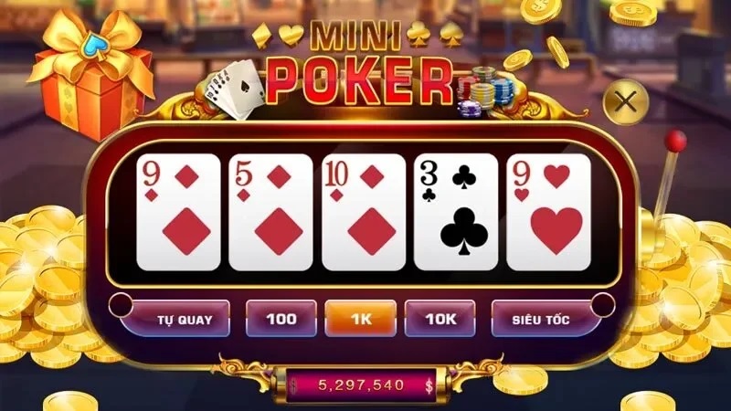 Giao diện Mini Poker hút mắt với sự kết hợp giữa quay hũ và bài Tây