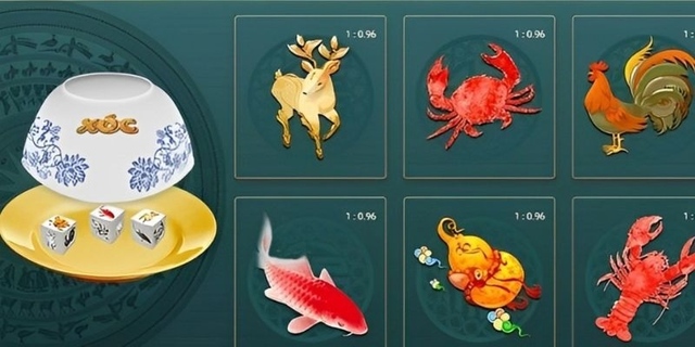 Thay vì các mặt được đánh số, những viên xúc xắc ở đây được thiết kế với 6 mặt Bầu, Cua, Tôm, Cá, Nai và Gà Thay vì các mặt được đánh số, những viên xúc xắc ở đây được thiết kế với 6 mặt Bầu, Cua, Tôm, Cá, Nai và Gà